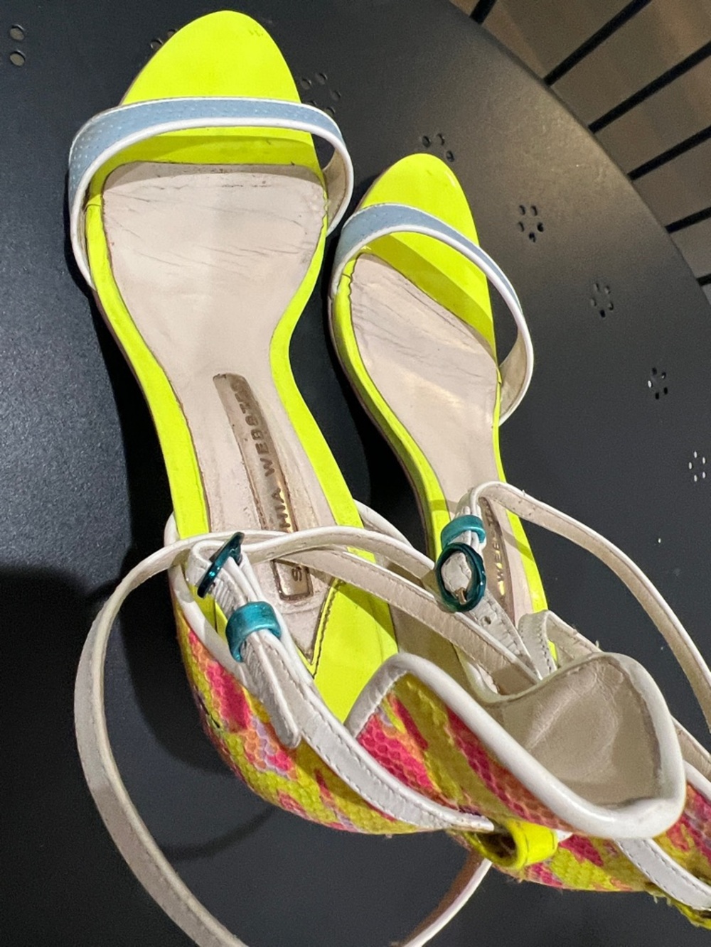 Sophia Webster Neon Yellow and White Strappy Heels with Multicolor Woven Detail